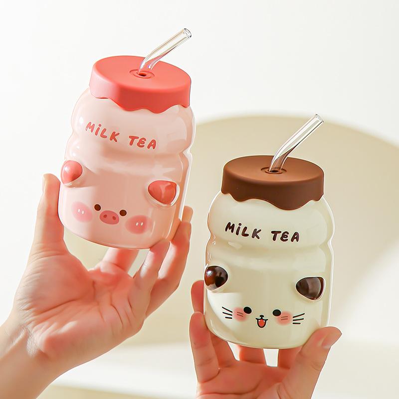 Animal ceramic straw cup with lid Summer essential water cup Girls household cup Juice cup Cold drink cup