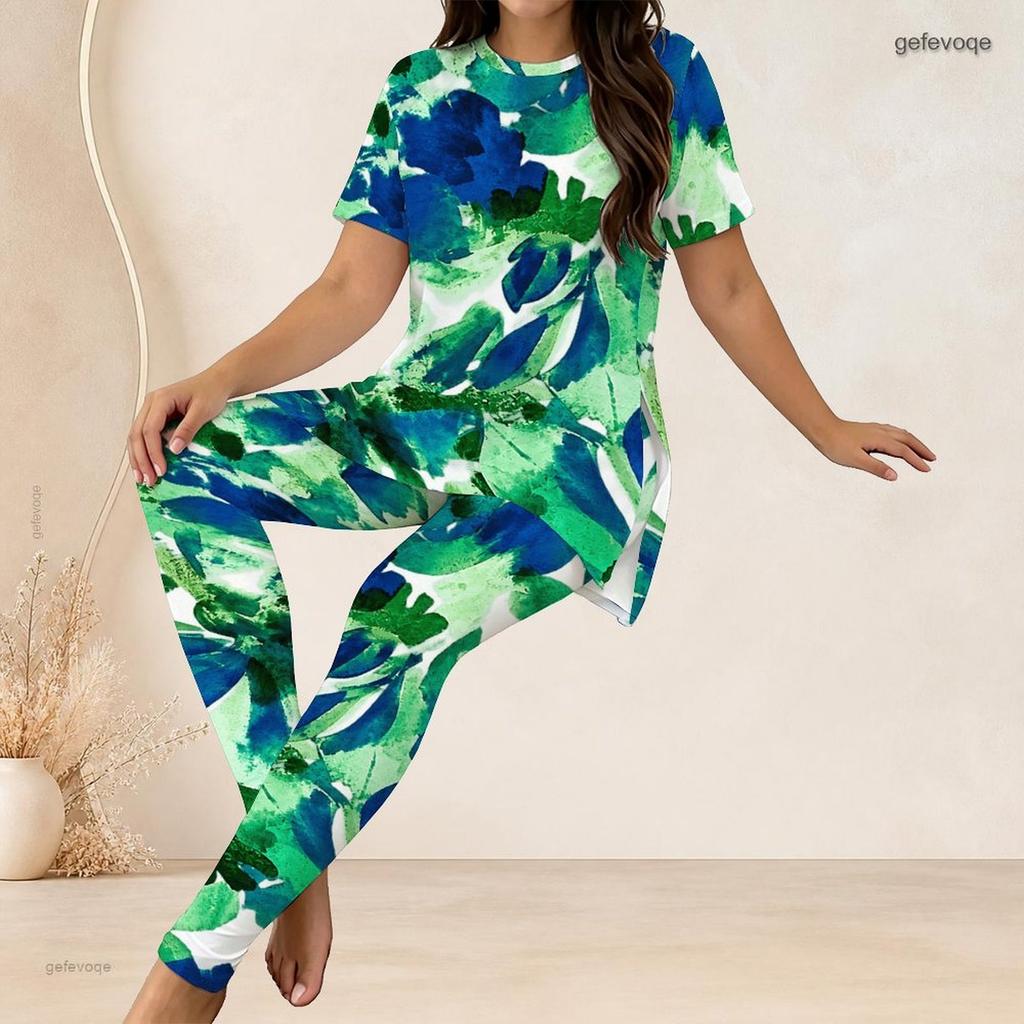Women Plus Size Green Abstract Printed Two Piece Set Round Neck Short Sleeve Top Fitted Long Pants