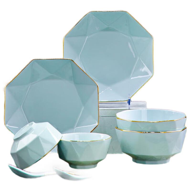 

Керамічний набір посуду Jushang Тіньово-зелений із золотим обідком