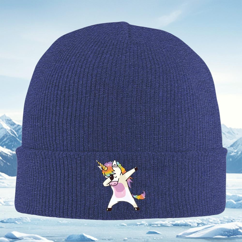 Rainbow unicorn dabbing pose happy cartoon Men Women Unisex Knitted Hat Beanie Pullover Cap Winter Thermal Warm Christmas Outdoo