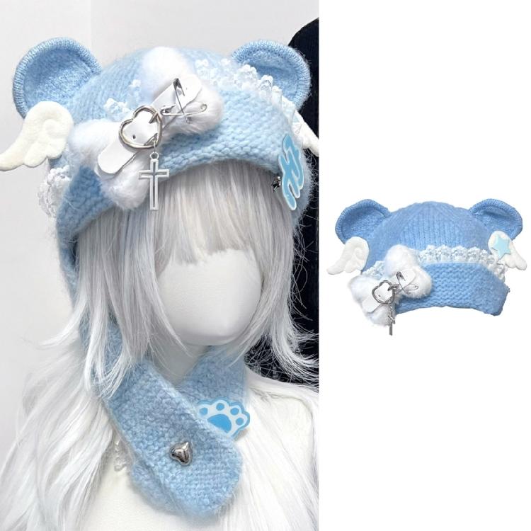 Warm Blue Bear Hat with Ear Furry Caps Cartoon Ear Hat Solid Color Wing Winter Plush Hat for Casual Wear