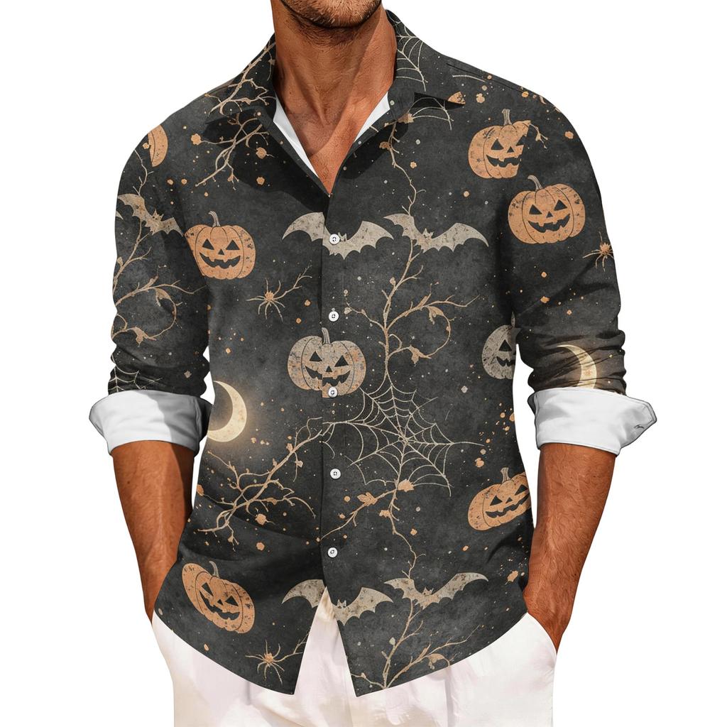 Men's Casual Long Sleeve Shirt with Halloween Print Relaxed Fit Button Down Top for Everyday and Festive Occasions