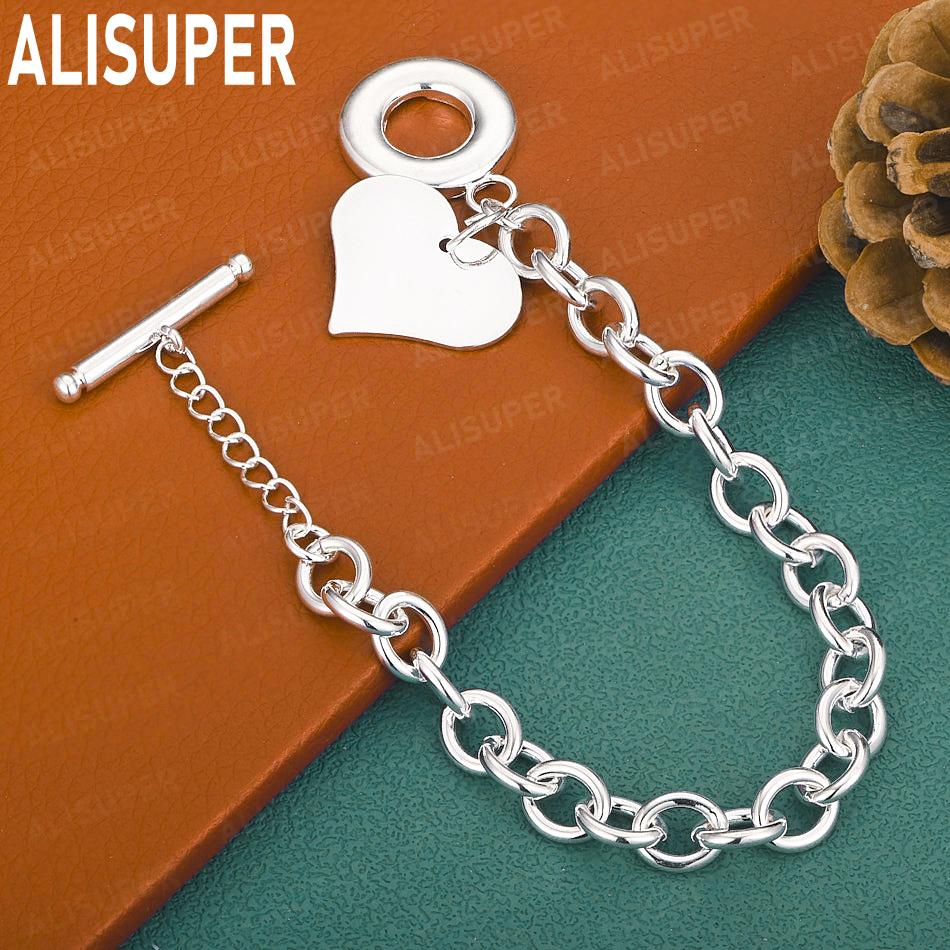 925 Sterling Silver Simple Heart Side Chain Beautiful Bracelet Gift Jewelry 20CM