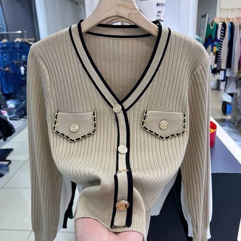 Damenbekleidung Frühling Herbst Langarm Knopf Pullover Mode Elegant Temperament V-Ausschnitt Strick Slim Kurzpullover