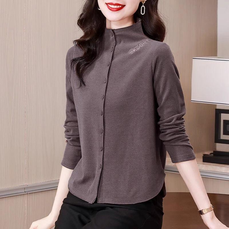 Brushed Semi-turtle Collar German Velvet Shirt for Women Autumn and Winter New Style Short Jacket Retro Embroidered Top