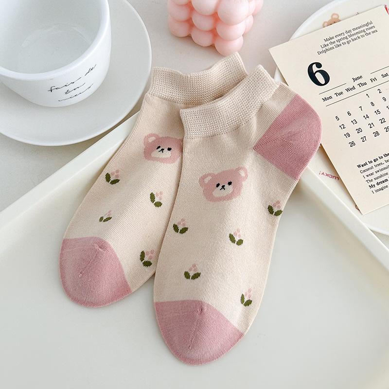 

Тонкие носки-следки на весну и лето, универсальные, дышащие, влагоотводящие, милые носки-лодочки с мультяшным медведем 1 pair