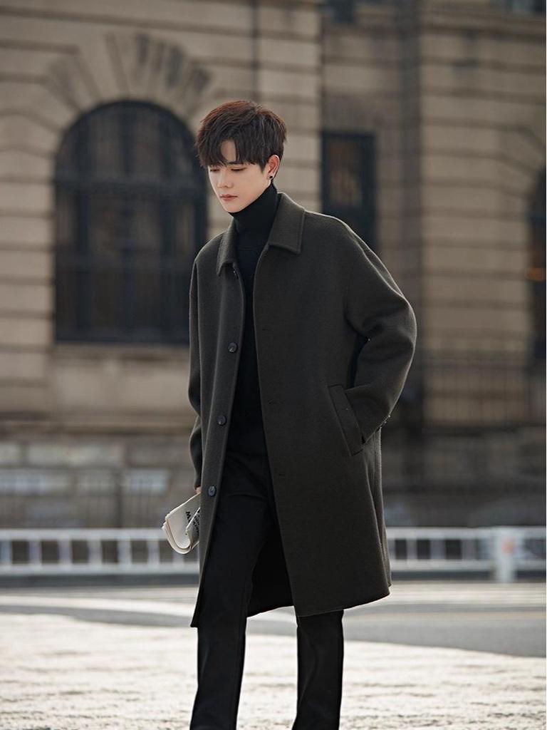 Hochwertiger Herren-Mittellanger Mantel aus 100% Wolle - Beidseitig, Schlichtes Design für Herbst/Winter