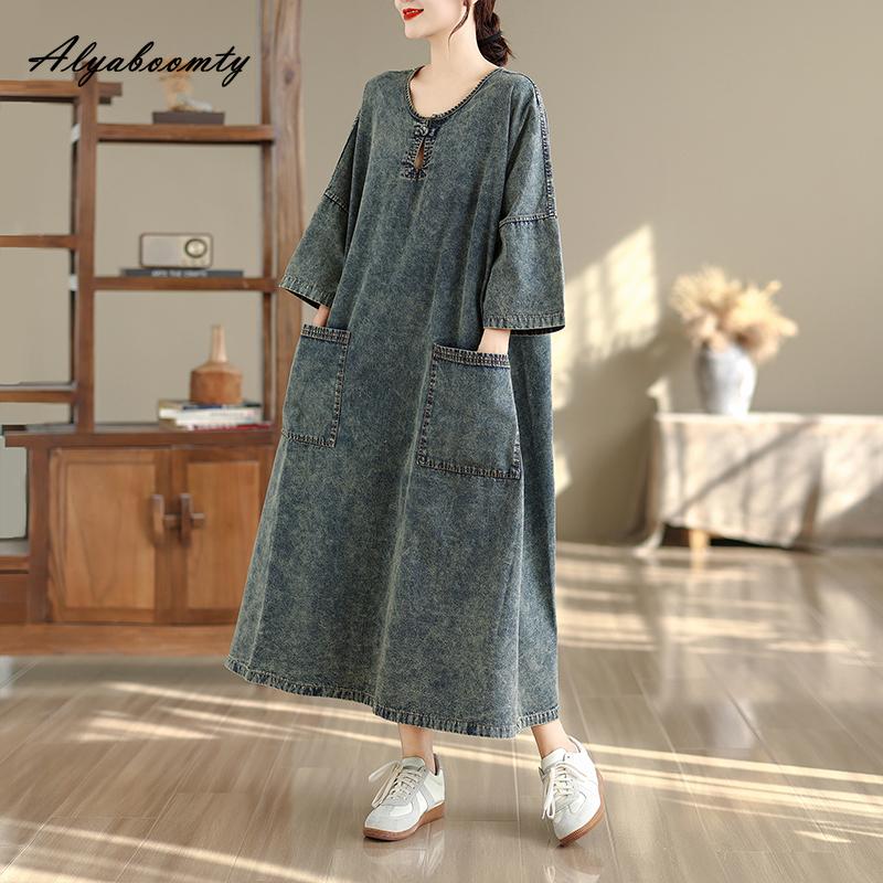 2026 Vintage Style Spring Summer Women Large Size Midi Dress Casual Loose Oversized Brief Denim Dress 3/4 Sleeve Babby Ladies' Dress