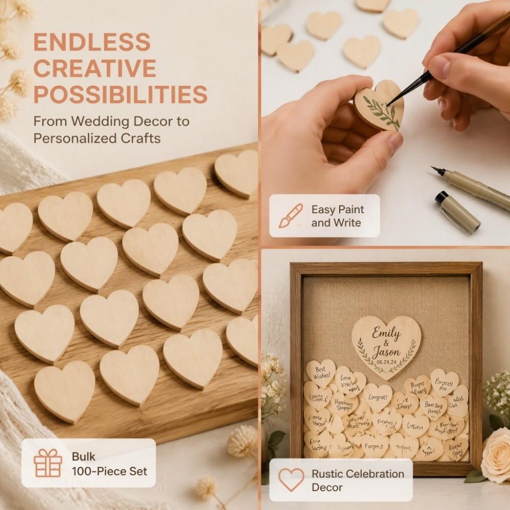 100 Pcs Heart Shaped Wooden Decoration Chips 3cm Size Wood Heart Cutouts  For Festival Decoration