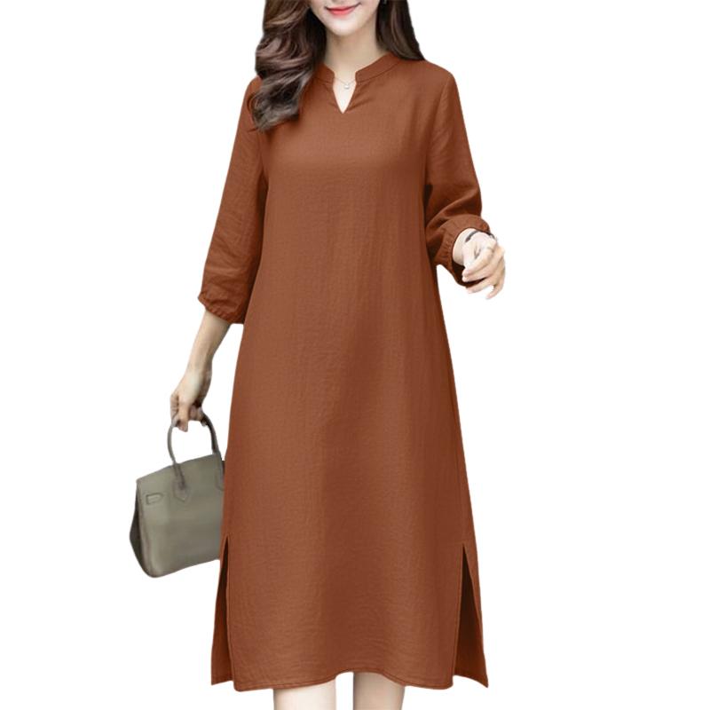 ZANZEA Women Casual V-Neck Solid Color 3/4 Sleeve Dress