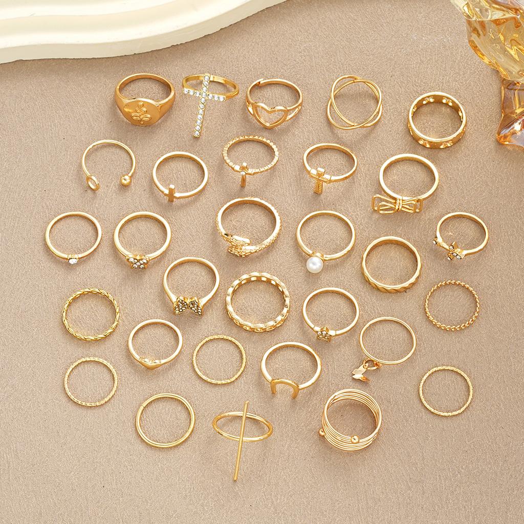 30 Elegant Stacked Zinc Alloy Rings Fashionable Studded Butterfly Cross Alloy Rings Gold Daily Clothing Party Accessories