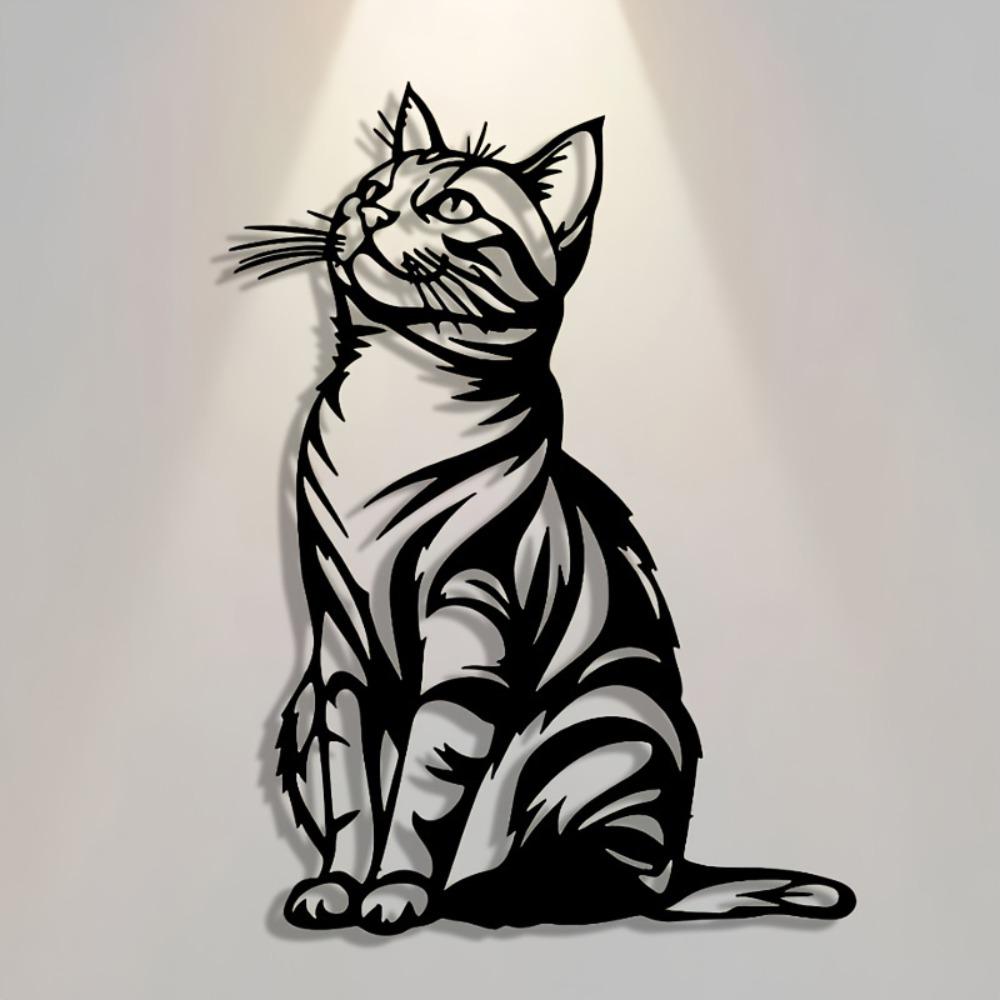 Elegant Metal Cat Wall Art Black White Stripe Silhouette Home Office Patio Kitchen Decor Removable Reusable Housewarming Gift