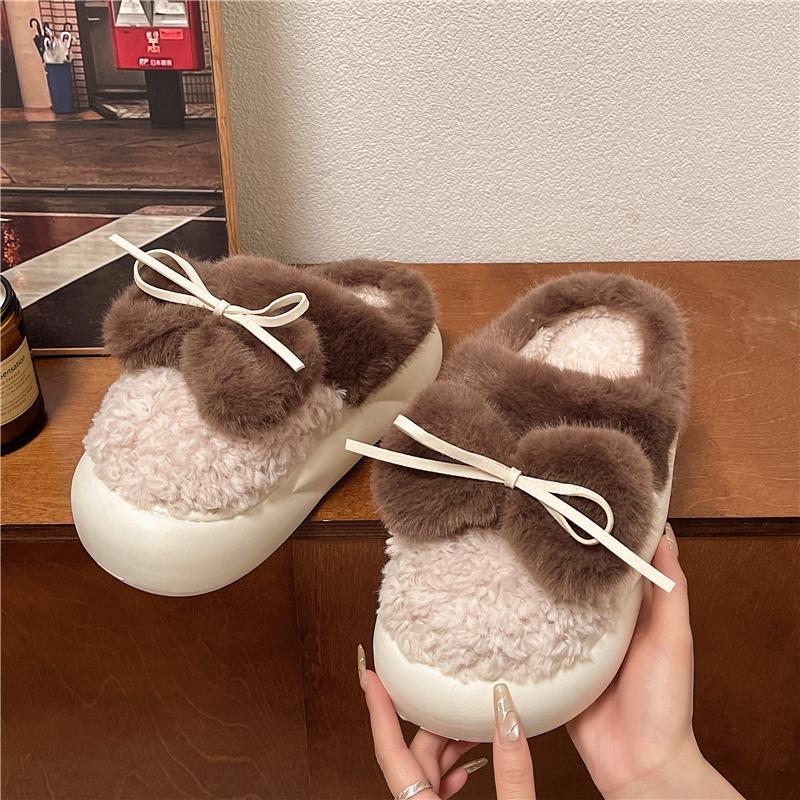 fashion Bow Fur Slippers for Women Comfortable Flat Thick Sole Household Cotton Shoes 2024 Winter New Women's Plush Warm Slippers