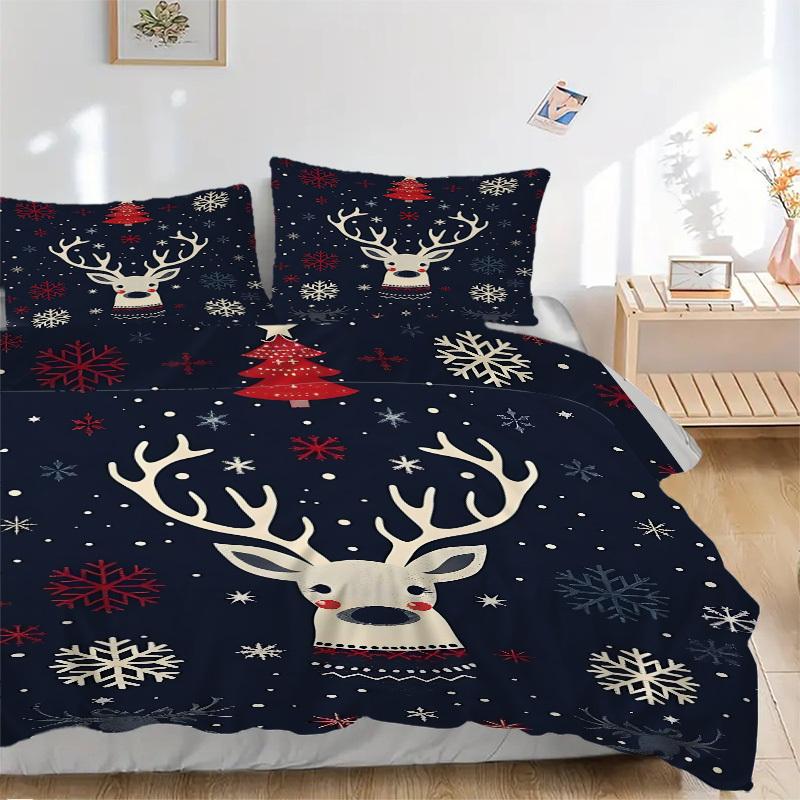 3pcs Set Christmas Deer 1 Quilt Cover + 2 Pillowcases, All Seasons Bedroom Setting, Perfect for Home and Dorm Decor A153
