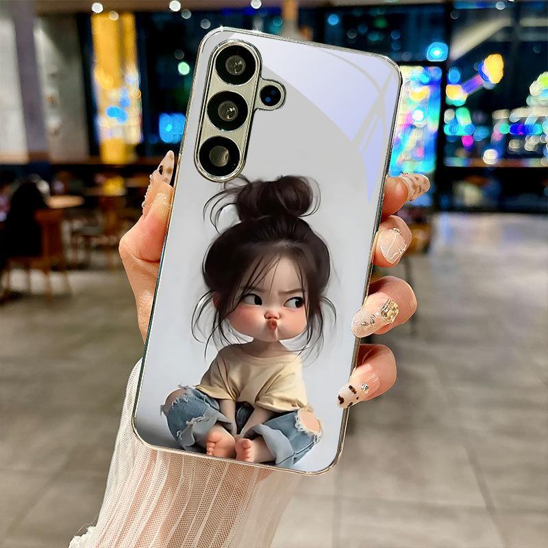 Cute Cartoon Girl Electroplated Silver Phone Case For Samsung Galaxy S26 S25 S24 S23 S22 S21 S20 Ultra Plus FE S26+ Glass Cover