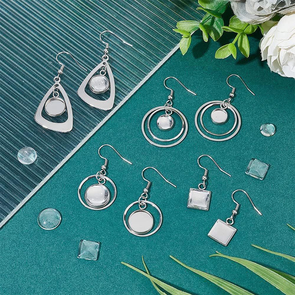 12 Pairs 4 Style Glass Blank Dome Dangle Earrings Twist Triangle & Ring & Square 304 Stainless Steel Earrings for Women Stainless Steel Color 33~50mm