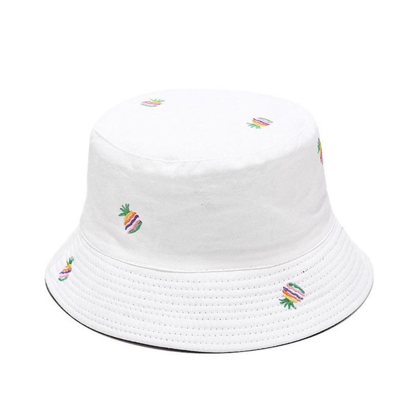 New Pineapple Embroidery Bucket Hat Unisex Double-sided Fisherman Hats Men Women Outdoor Sun Visor Travel Pot Hats