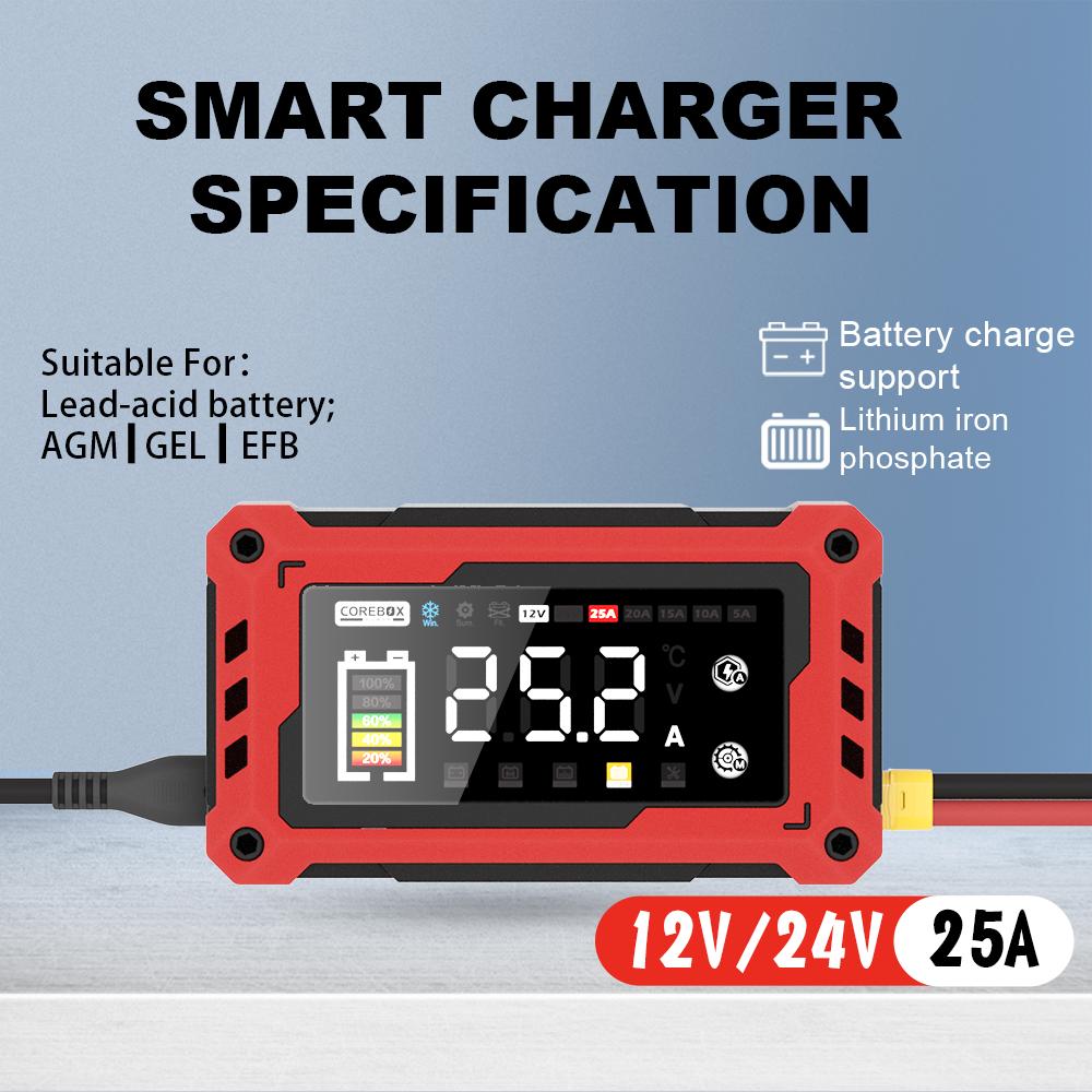 12V-24V 25A /15A Autobatterieladegerät Booster Touchscreen Impulsreparatur Schnellladung für AGM GEL Blei-Säure LiFePO4