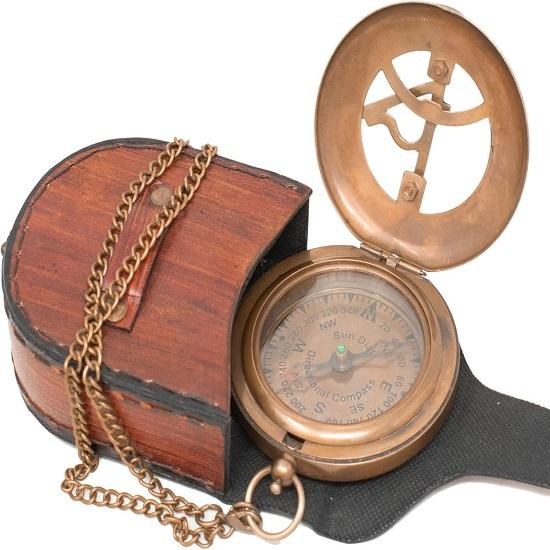 Sundial Compass Width Leather Unique Gift for Men, Handcrafted Brass Pocket Sun Dial, Steampunk Bronze Anniversary Compass Gift