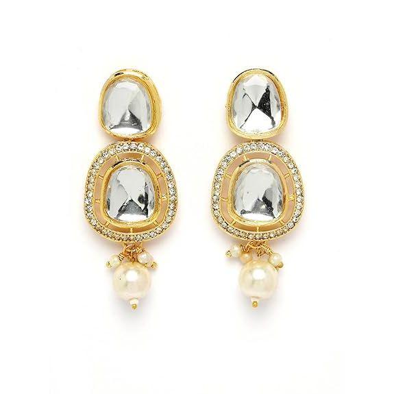 Latest Stylish Traditional Gold-Plated Kundan Studded Handcrafted Necklace Earrings with Maang Tikka Jewellery Set for Women & Girls