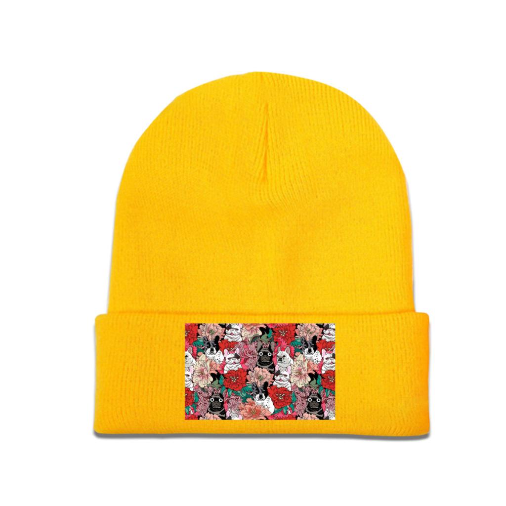 Flowers French Bulldog Knit Hat Beanie Winter Hats Warm Acrylic  Street  Caps Unisex Women