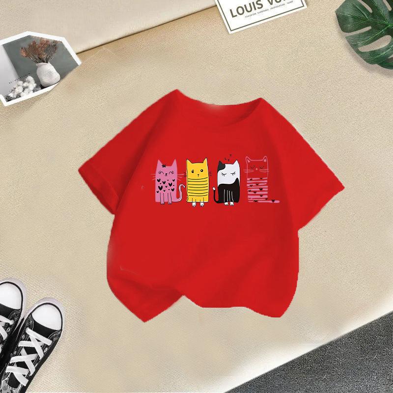 

2025 Cute Cat Printed Summer New Product Children s Clothing Children s Short Sleeved T-shirt Baby Fashion T-shirt 100