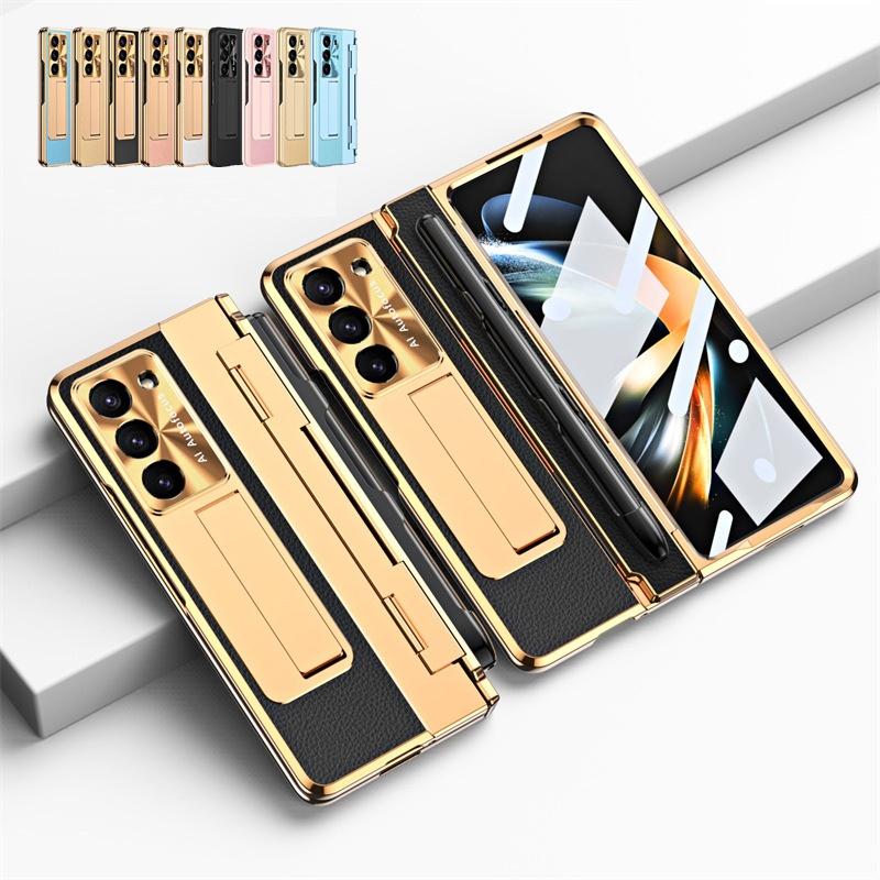 Full Protection Hinge Case for Samsung Galaxy Z Fold8 Ultra / 7 6 5 4 3 Plating PC+Leather Tempered Film Folding Kickstand Cover