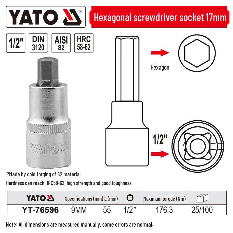 YATO 1/2" Hex Screwdriver Socket Set, S2 Batch Head, Chrome Vanadium Steel