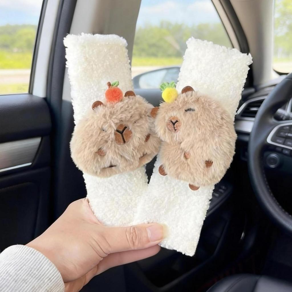 2 PCS Seat Belt Cover Pad, Cute Kawaii Animal Capybara Seatbelt Covers for Kids, Soft Seatbelt Cushion, Car Seat Strap Pads (White(A))