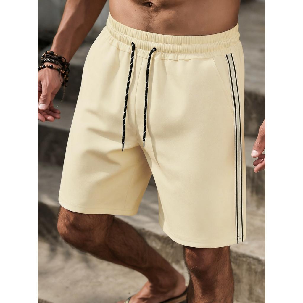 Men's Casual Waffle Knit Elastic Waist Breathable Five Inch Shorts with Side Stripe Panel and Drawstring Closure