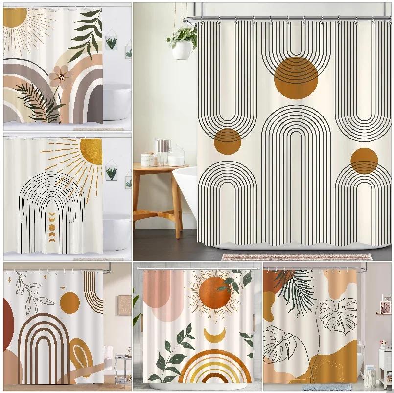 Abstract Bohemian Shower Curtain Medieval Arch Sun Leaf Modern Minimalist Aesthetic Line Geometric Decorative Shower Curtain