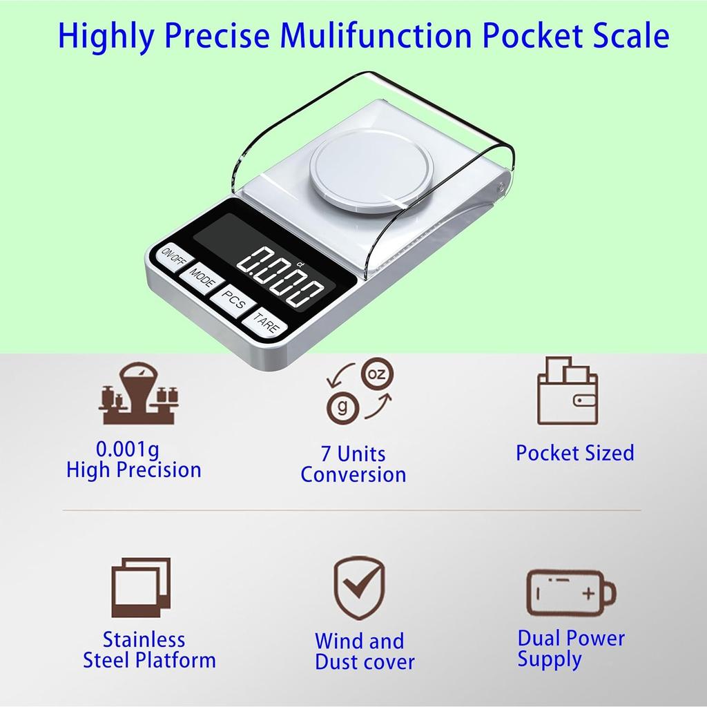 Rechargeable High Precision Digital Milligram Scale 100g/0.001g Jewelry Scale, Gram Scale, Pocket Scale, Food Scale for Powder Medicine, Gold, Gem