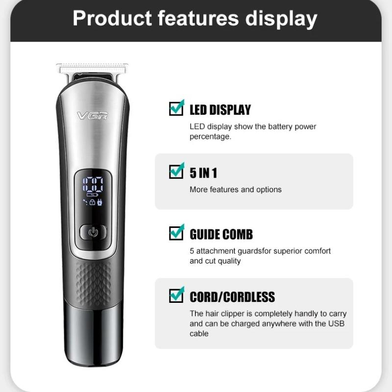 VGR 111 5-in-1 Men's Care Nose Hair Sculpting Electric Fader Shaving Hair Clipper Hair Trimmer Set Smart Digital Display LED Shaver Safe and Hygienic