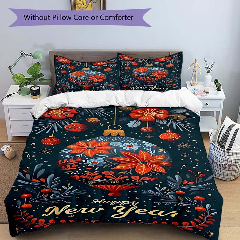 3pcs Happy New Year Festive Decorative Bedding Set, Includes One Quilt Cover and Two Pillowcases (No Core), Anime Cartoon Design, Polyester Fabric