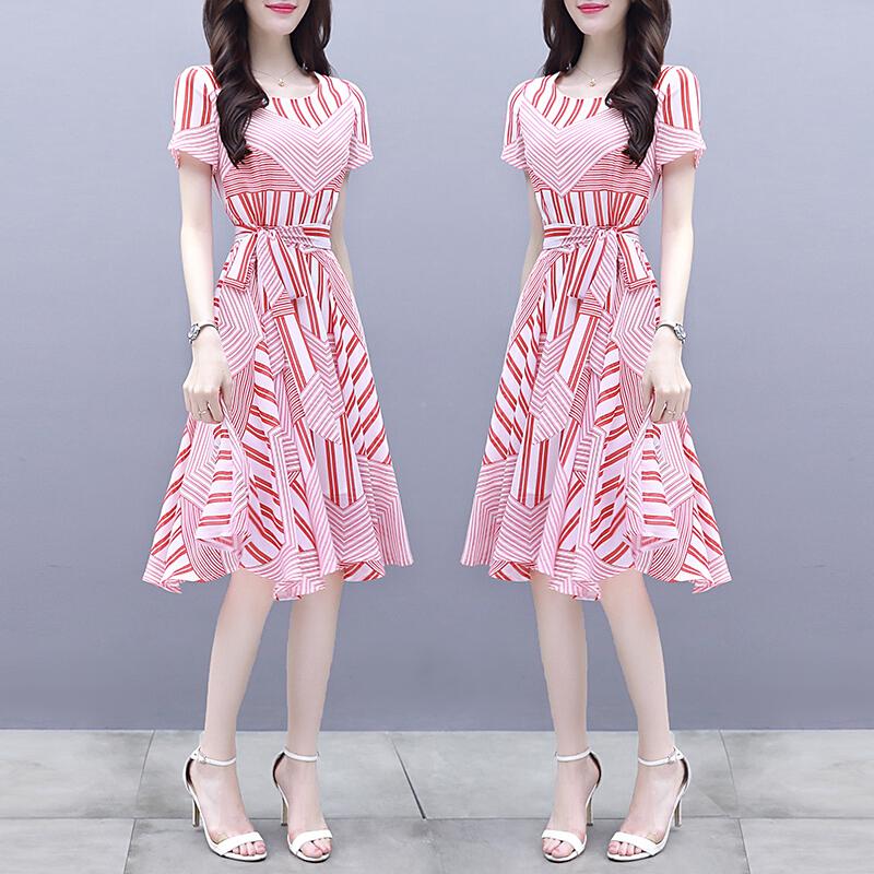 Damen Rosa Eng Taille Schnürung Streifen Druck Kurzarm Kleid