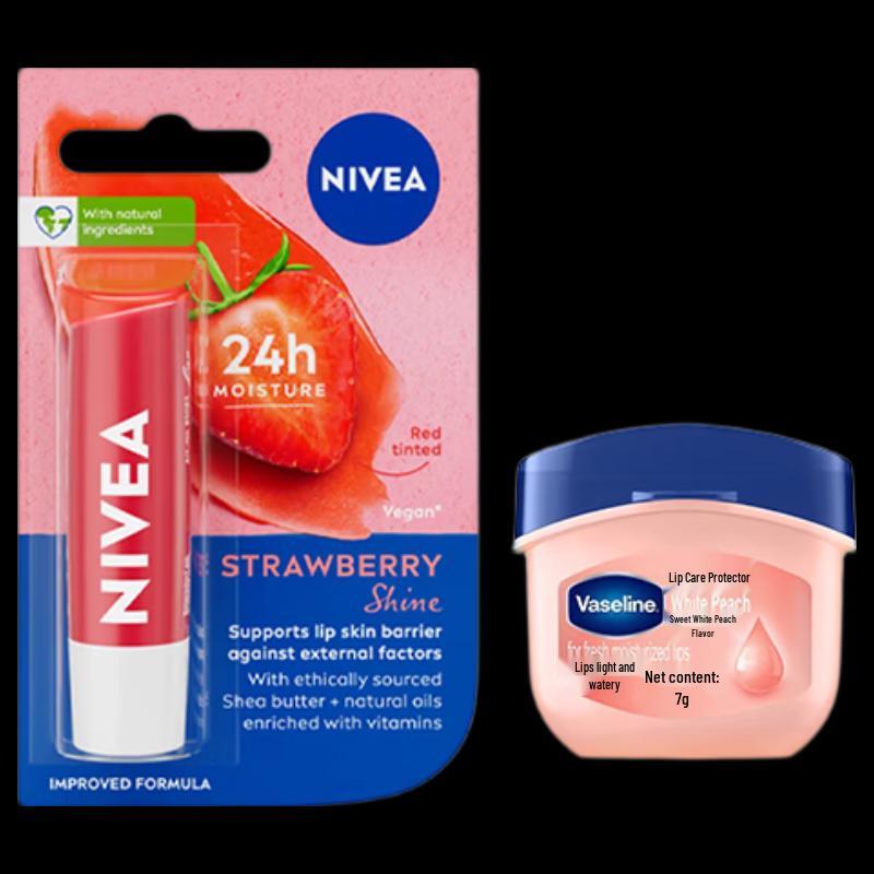 NIVEA Strawberry Lip Balm & Vaseline Peach Lip Balm Set