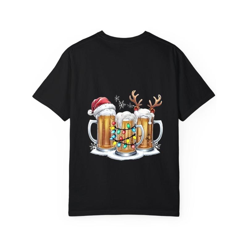 Christmas Beer Mug T Shirt White Santa Hat and Reindeer Antlers with Colorful Lights Holiday Party Casual Wear