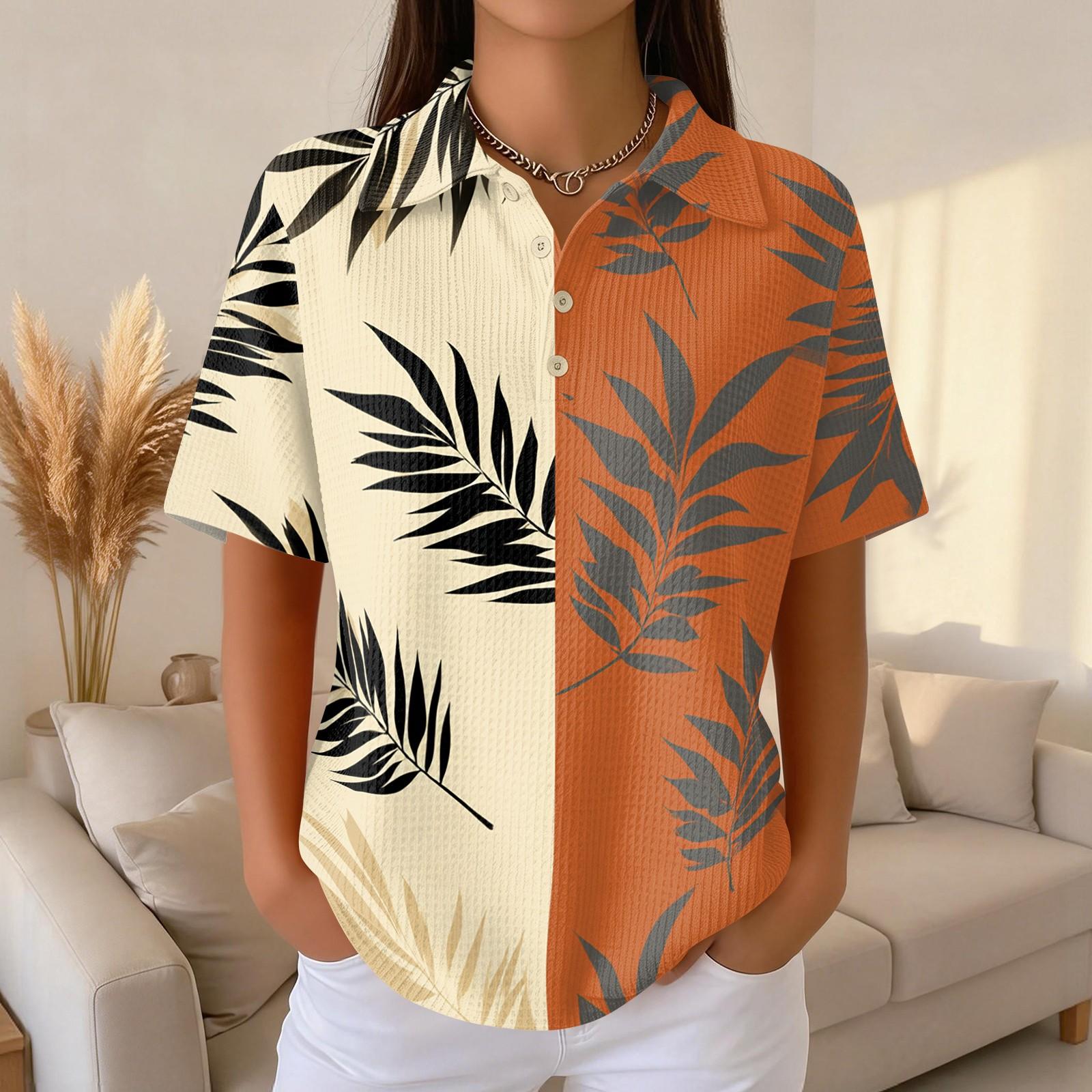 

Women’s Casual Short Sleeve Knit Collared Shirt with Hawaiian Style Turtle Print Button Down Summer Top XL