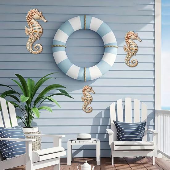 3Pcs Seahorse Wooden Wall Hanging Set, Hawaiian Beach Style, Boxwood Crafted Tropical Party Decor, Coastal Home Bath Ornament, Gift for Beach Lovers