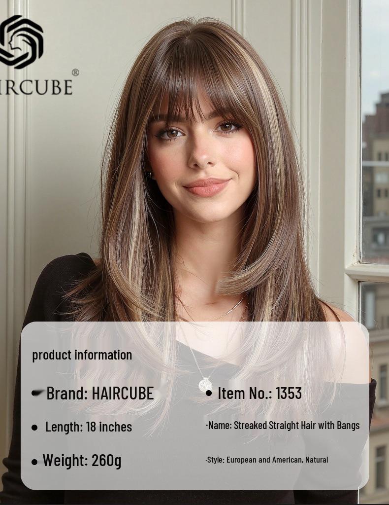 European Style Brown Medium Long Wig with Full Bangs for Women - High-Temperature Fiber