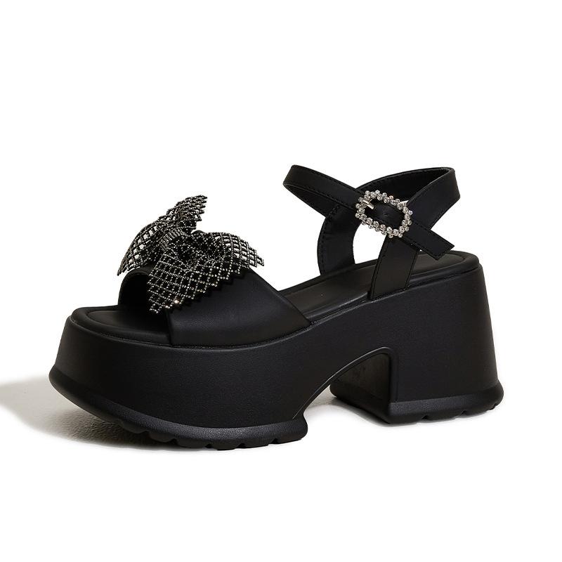 

High-heeled sandals women s 2025 summer new silver rhinestone thick-soled thick-heeled heightening shoes fashionable and versatile outer shoes 39 чёрный