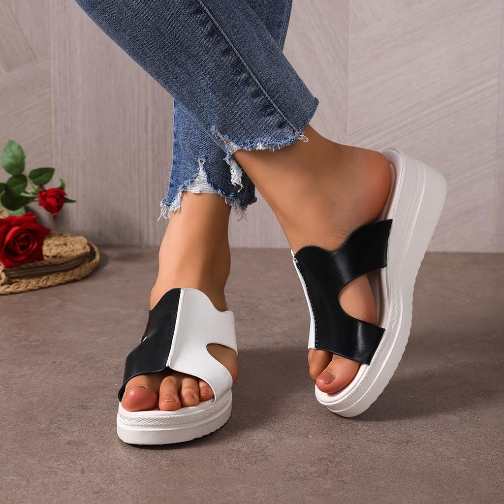 Slope Heel Cool Slippers Women's Summer New Muffin Bottom Fish Mouth Slippers Women's Outer Wear Color Matching One-word Slippers Women