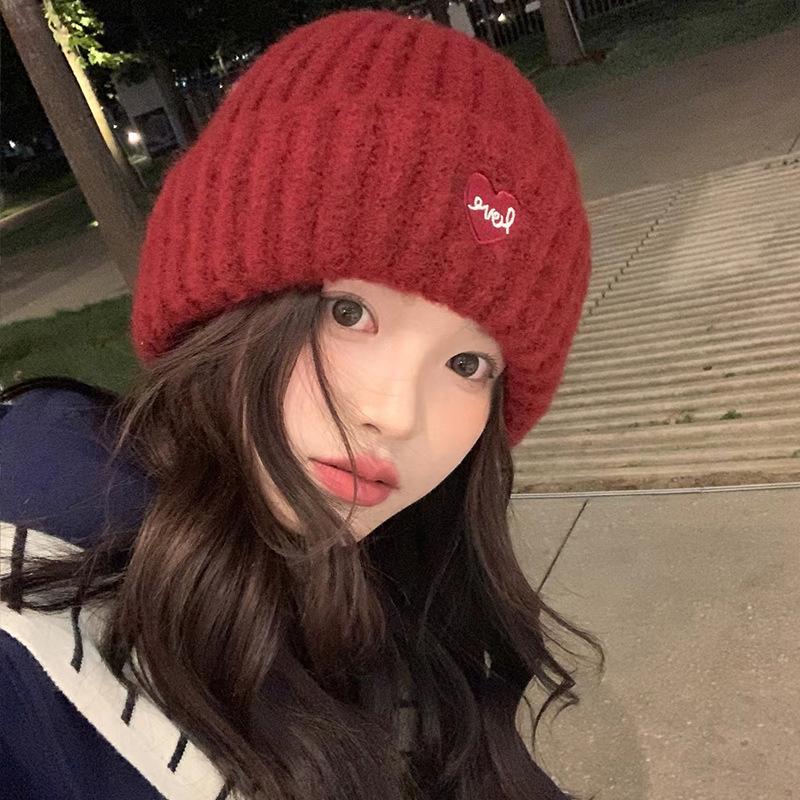 Love Embroidered Woolen Hat for Women Autumn and Winter New Style Large Head Circumference Knitted Hat Large Version Warm Ear Protection Cold Hat
