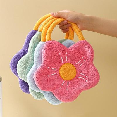 Creative Cartoon Flower Coral Fleece Hand Towel with Hanging Loop