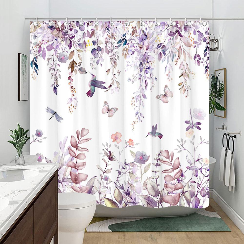 Sage Green Eucalyptus Leaves Shower Curtain Floral Flower Bird Shower Curtains Hummingbird Butterfly Modern Aesthetic Bath Decor