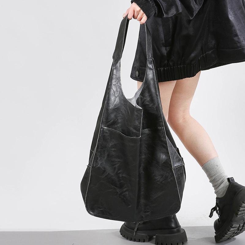 Retro Super Big Shoulder Bag Female Solid Color Hand Bags For Women Soft Leather Casual Shopper Underarm Tote Bag