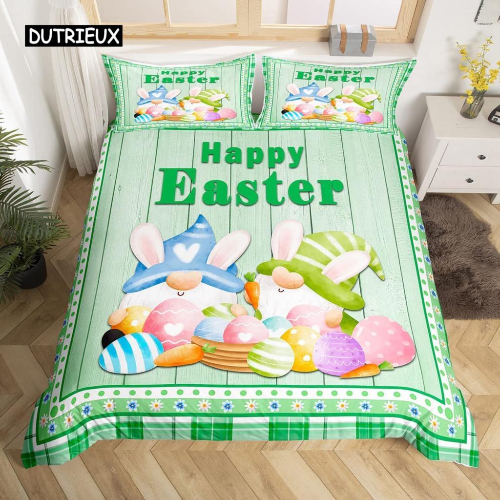 Poszewka na kołdrę z krasnalem i jajkami wielkanocnymi, zestaw pościeli z motylami i tulipanami, mikrofibra, tęcza, deska drewniana, kawaii, poszwa na kołdrę z krasnalem