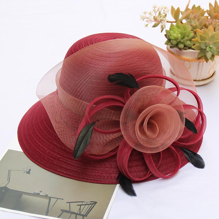 New organza top hat spring and summer feather flower fashion wedding hat big brim dome beach sun hat