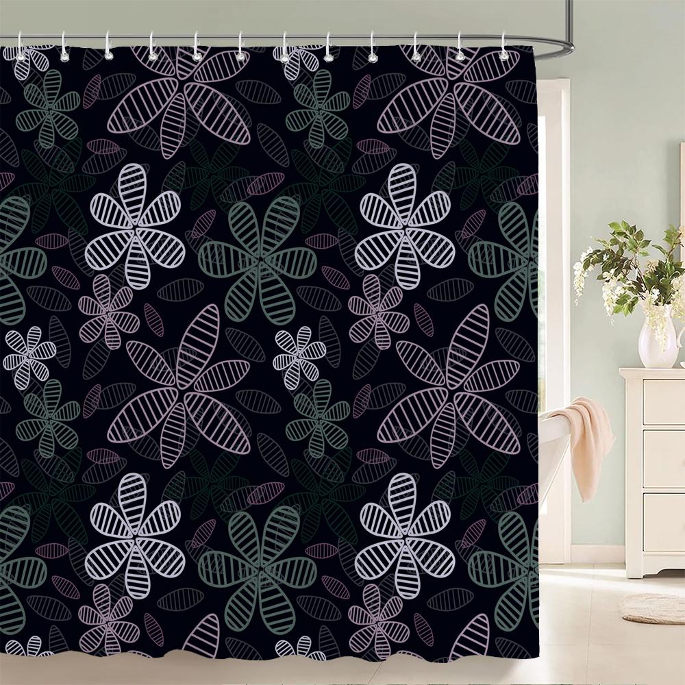 1 Pcs Shower Curtain Flowers Plants Black Printed Bathroom Curtain Polyester Cloth Waterproof Home Decoration Curtain with Hook