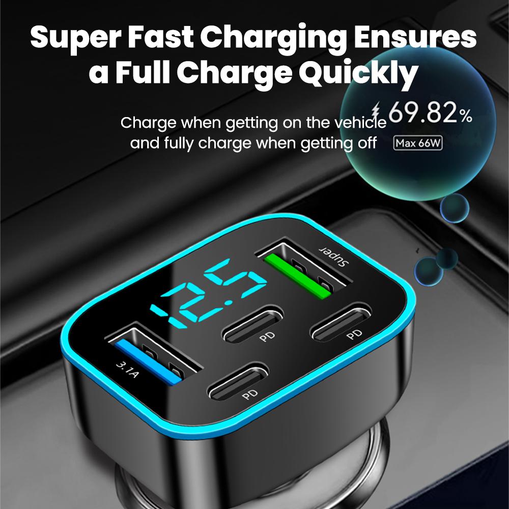 5 Ports Car Charger Fast Charging 2USB+3Type C Car Lighter PD QC3.0 Car Phone Charger For iPhone Samsung Huawei Xiaomi